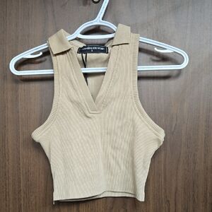 Maniere De Voir Size 6 Beige Ribbed Knit Cropped Collared Tank